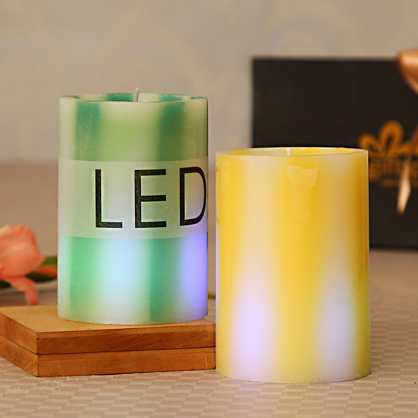 LED Green & Yellow Pillar Scented Candles