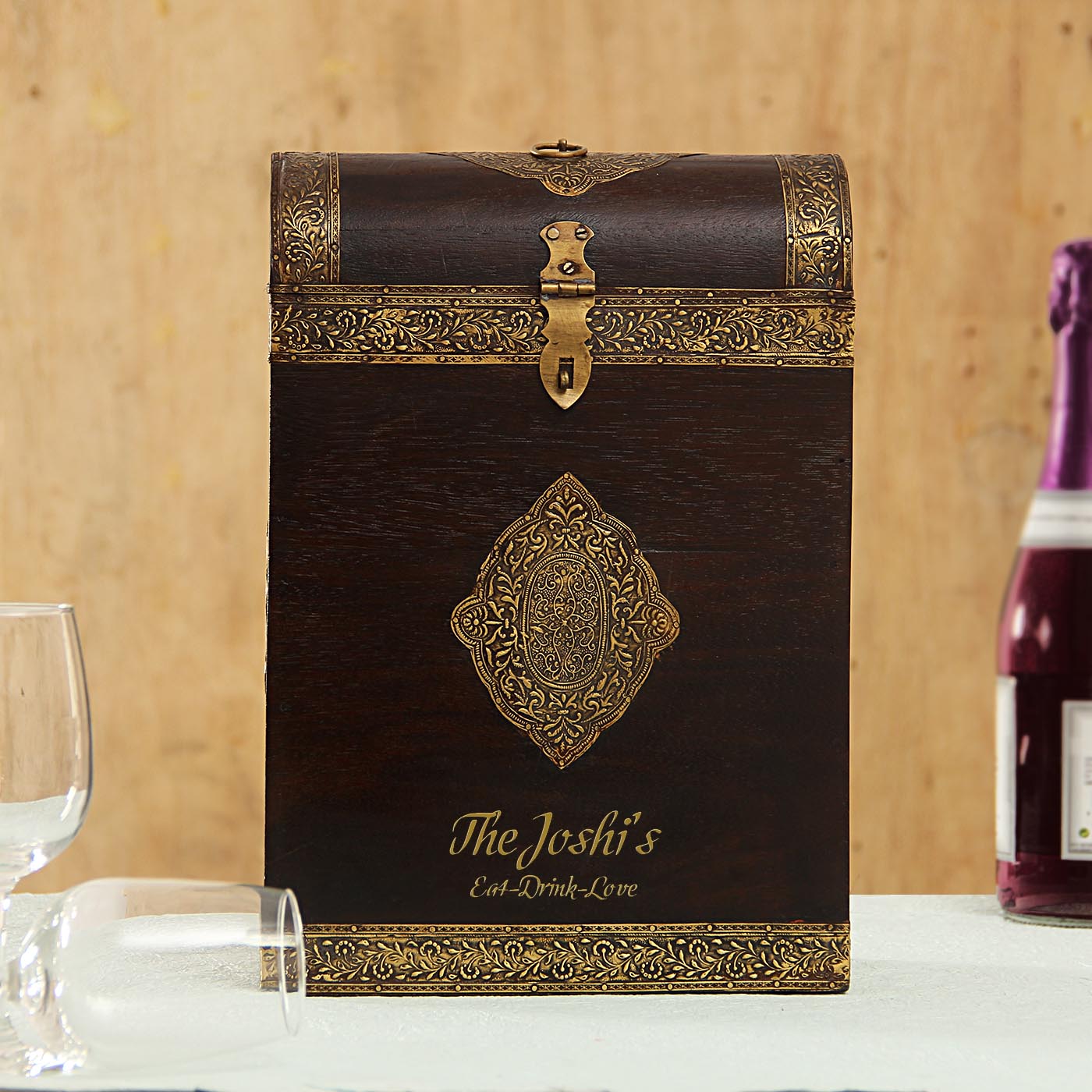 Personalized Wooden Metal Embossed Wine Box for Two Bottles