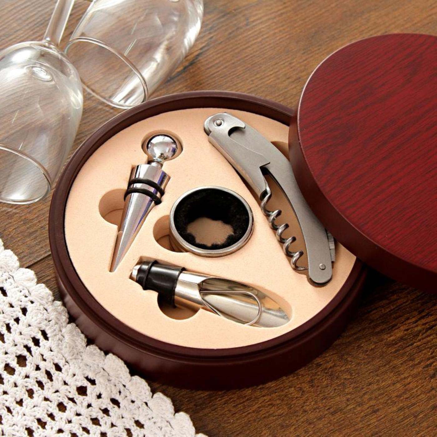 Wine Tool Kit in a Round Wooden Box