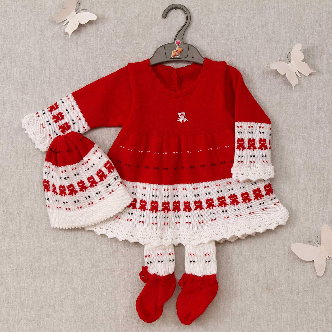 red white woolen frock with socks cap for baby girl
